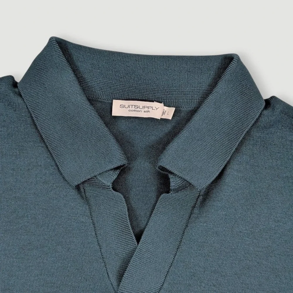 SuitSupply Cotton Silk Polo Shirt Men Large Green Johnny Collar Quiet Luxury - Picture 5 of 9